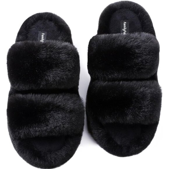 Shoes - Women's Black Fluffy Fleece Faux Fur Open Two Band Lining Rubber Sole Slippers
